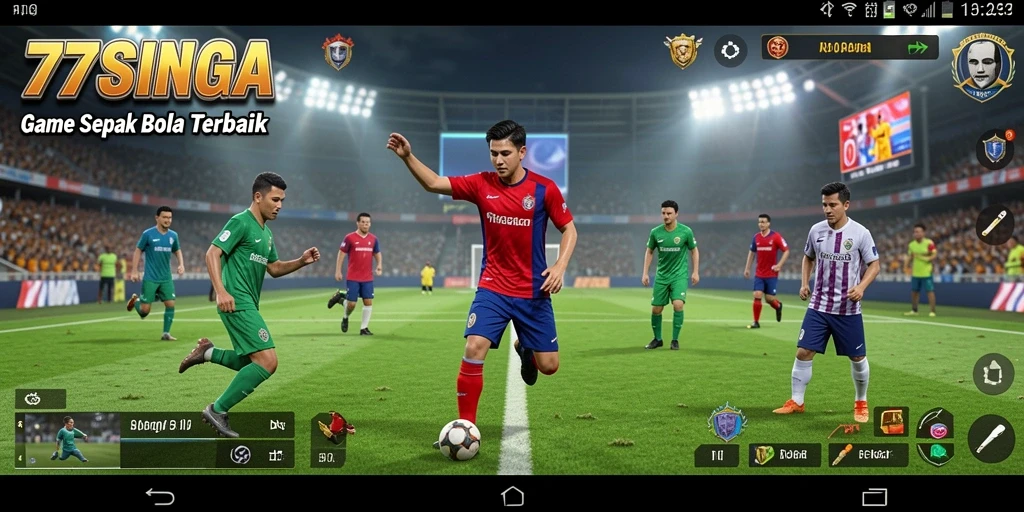 Tampilan gameplay seru dari 77SINGA dengan aksi sepak bola nyata.