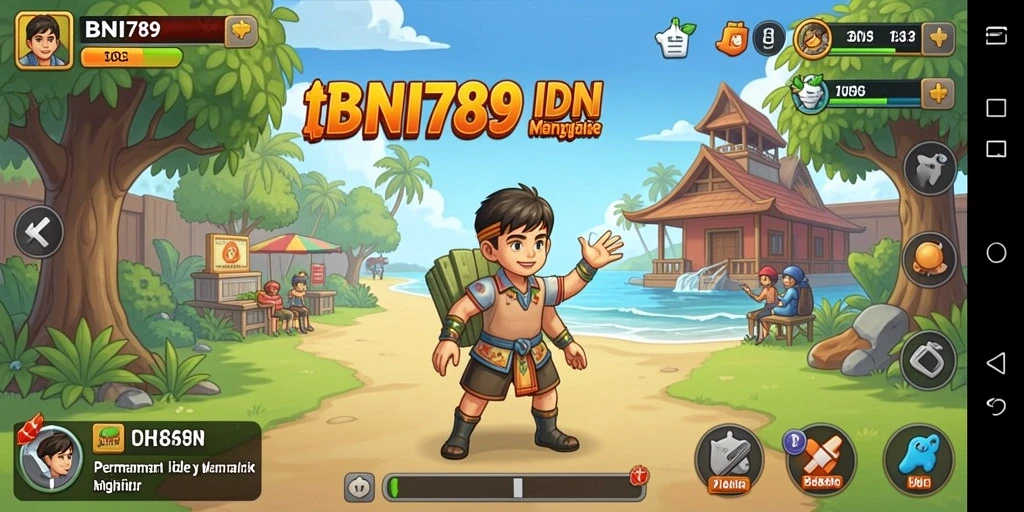 Screenshot gameplay BNI789 menampilkan aksi santai dan kemajuan karakter.