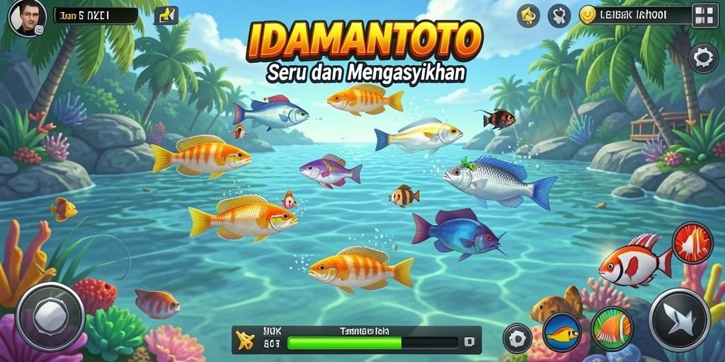 Tampilan gameplay seru dalam IDAMANTOTO dengan berbagai ikan berwarna-warni.