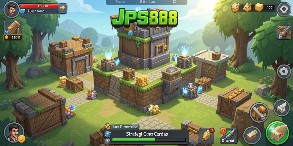 Tampilan gameplay menegangkan di JPS888 dengan menara strategi.