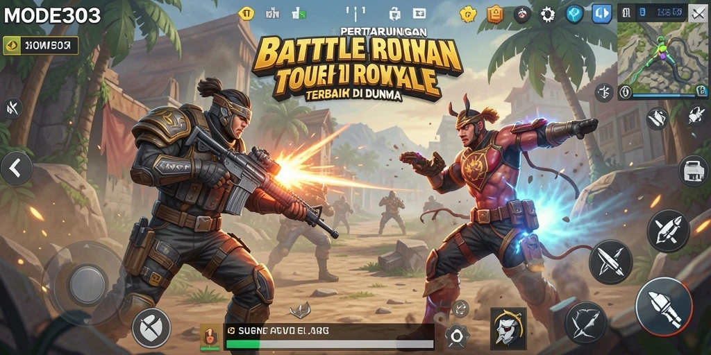 Screenshot utama MODE303 menunjukkan aksi intens dalam pertempuran Battle Royale.
