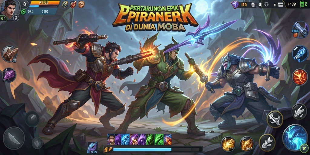 Screenshot menunjukkan intensitas pertarungan karakter-karakter MOBA yang menegangkan.