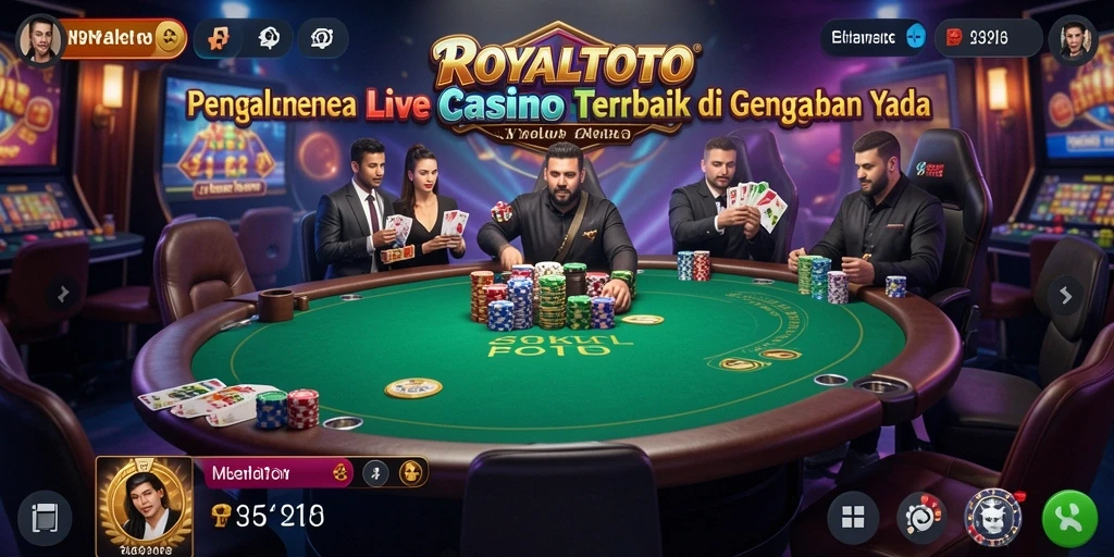 Screenshot gameplay ROYALTOTO menampilkan dealer langsung dan suasana kasino yang nyata.