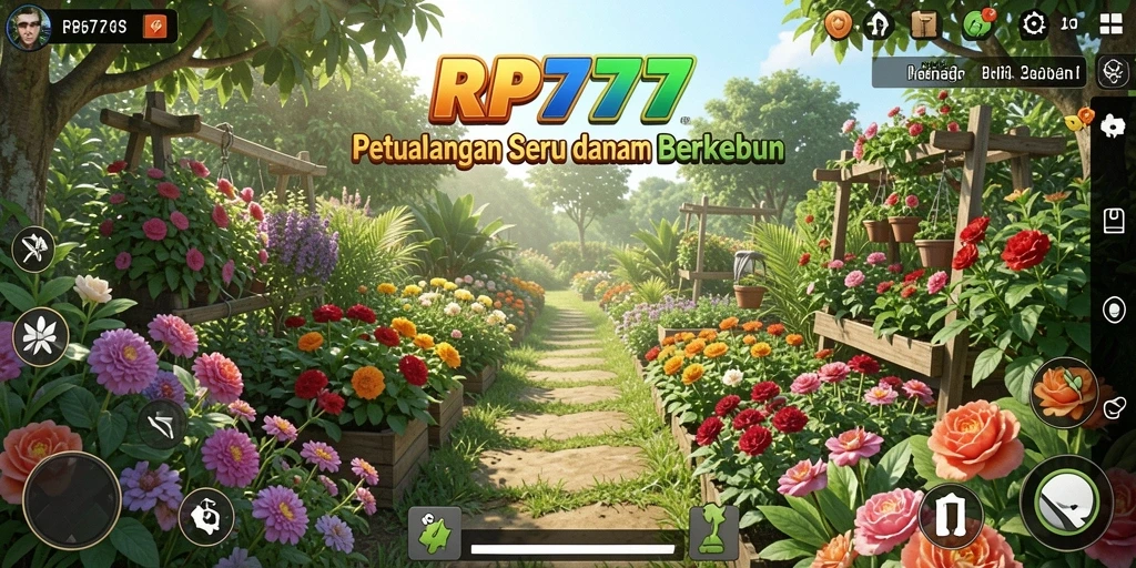 Screenshot gameplay RP777 menampilkan kebun yang rimbun dan penuh tanaman.
